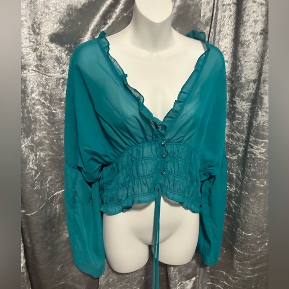 New bluegreen Ruffled Blouse size M - Picture 1 of 4